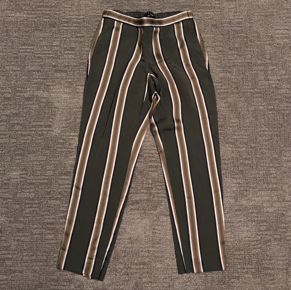 Theory Termin Green Trousers Vertical Stripe Olive Gold Black White - Small - Picture 1 of 12